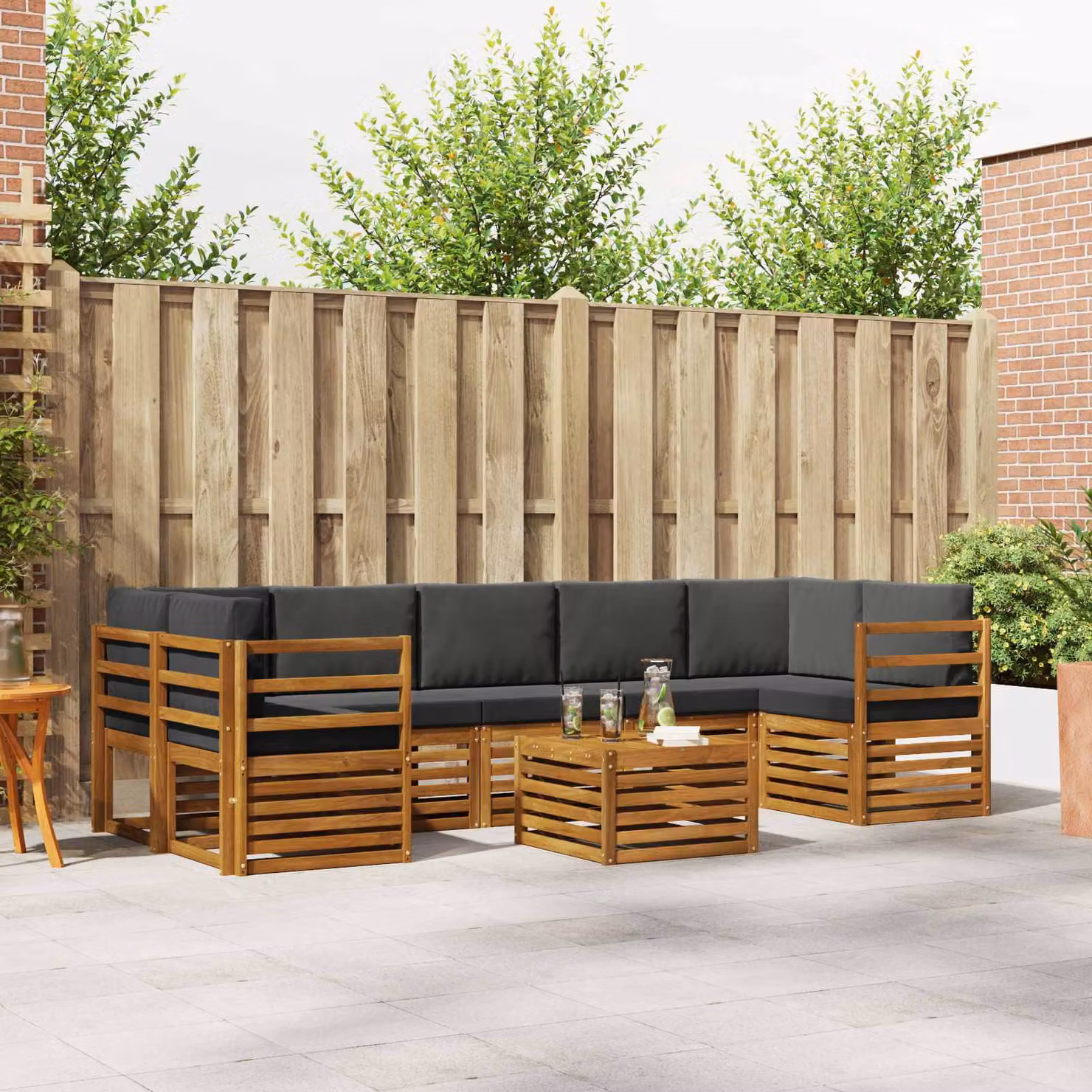 Set di divani da esterno vidaXL a forma di L composto da 8 pezzi in legno di acacia con cuscini beige e antracite per giardino e terrazza