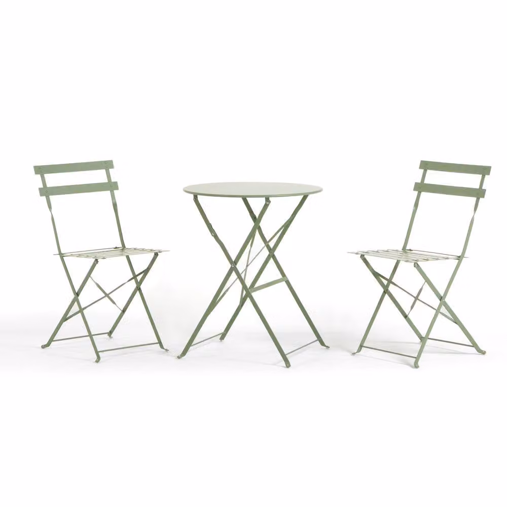 Set da balcone con tavolo pieghevole Ø60 cm e 2 sedie pieghevoli in metallo - design moderno, compatto e robusto per balconi, patii, verande, bar e bistrot - DIEGO + FRIDA - Pistacchio