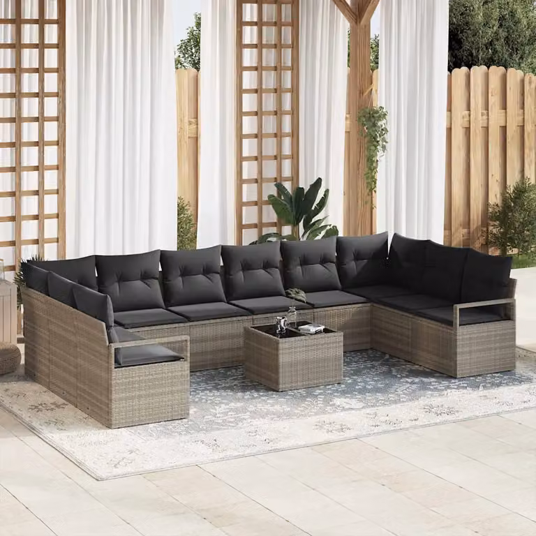 Set di divani da giardino vidaXL a forma di U in rattan grigio con 11 pezzi e cuscini inclusi