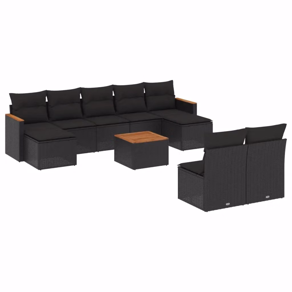 vidaXL Set Divani da Giardino 10 Pezzi in Polyrattan Nero con Cuscini Imbottiti e Tavolino – 2