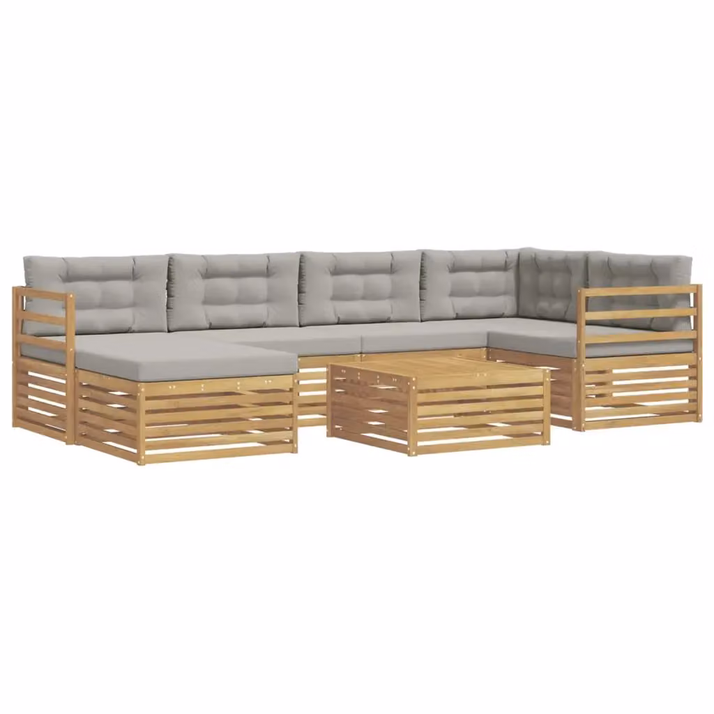 Set di divani da esterno a L vidaXL in legno di acacia con cuscini, bianco e grigio – 2