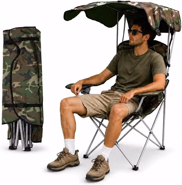 Sedia da Campeggio Pieghevole Daimann con Tettuccio Parasole e Braccioli, Struttura in Acciaio Verniciato, Tessuto Outdoor Multicolore, L/P/H: 53 x 77 x 130 cm