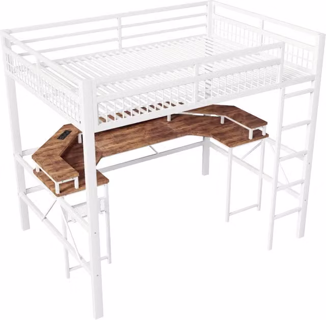 Letto a soppalco 140x200 cm con struttura in ferro, scrivania integrata e striscia LED multicolore, bianco, senza materasso