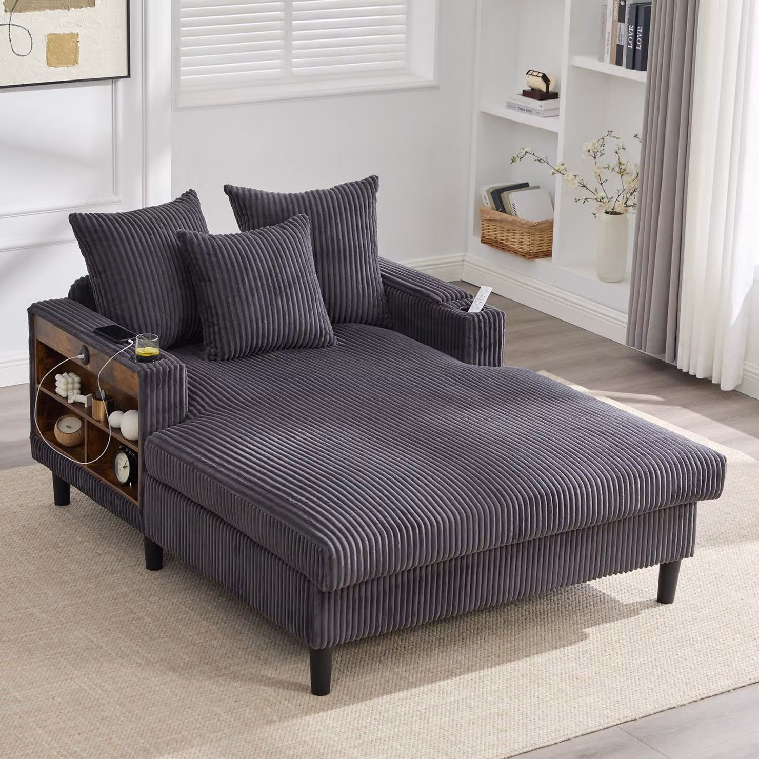 Divano letto LVHOM con luci LED e porte USB, chaise longue con portabicchieri e vano portaoggetti, ampio divano singolo con portata fino a 300 kg, 3 cuscini inclusi, 129x170 cm, grigio