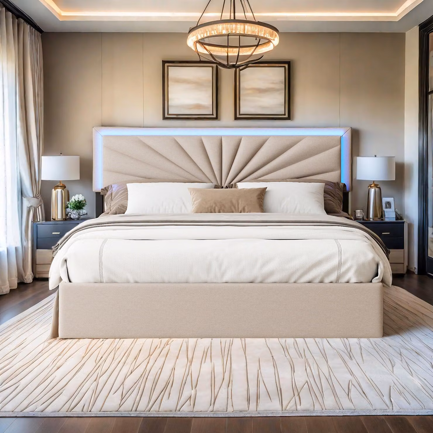 Struttura del letto - Letto imbottito - Letto a due piazze - Divano letto - Letto contenitore - 160 x 200 cm - Illuminazione LED