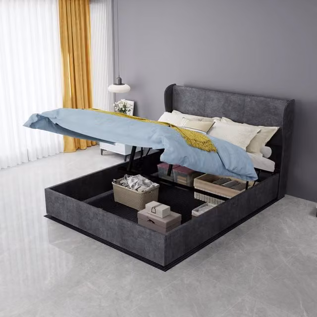 Letto matrimoniale 140×200 cm con testiera imbottita, senza materasso, rivestimento in tessuto grigio