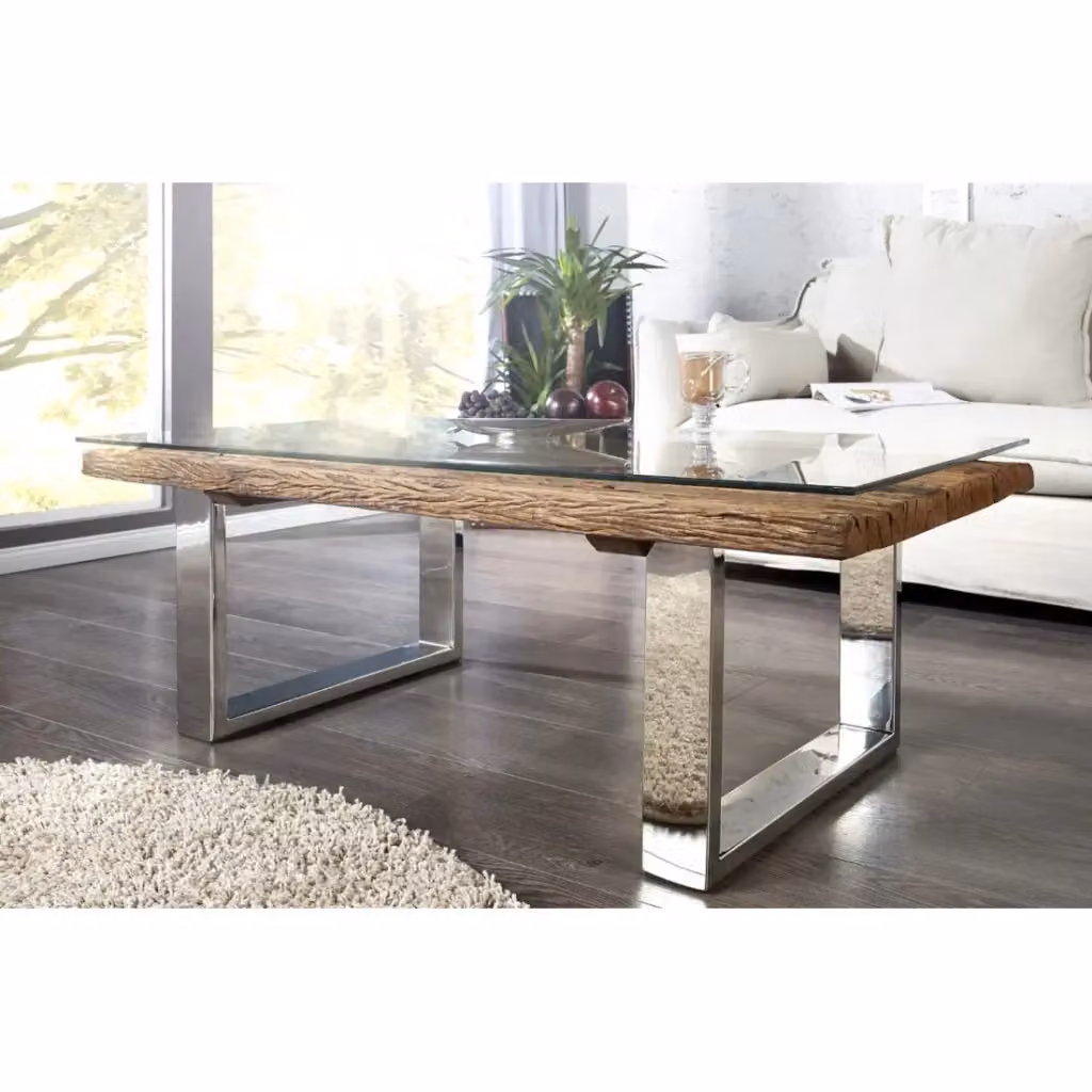 Tavolino basso rettangolare MEUBLORAMA in teak e vetro temperato trasparente con design industriale per soggiorno – 2