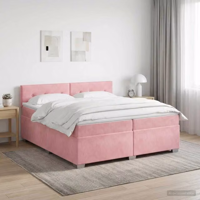 Letto box spring con materasso vidaXL in velluto rosa e bianco, base con contenitore a sollevamento, L/P/H: 200 x 200 x 46 cm