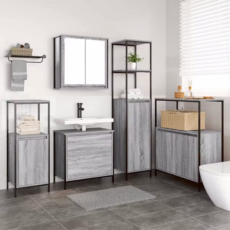 Set di mobili per il bagno moderno vidaXL in 5 pezzi Grigio opaco, composto da base lavabo, pensili e colonna, L/P/H: 34.5 x 36 x 165 cm