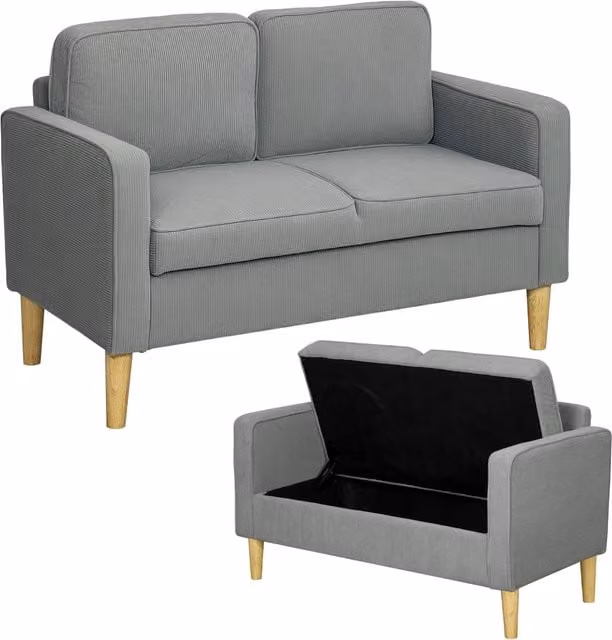 Divano 2 posti con contenitore ¨C Xylo ¨C Tessuto grigio chiaro, gambe in legno, 117x63x79 cm