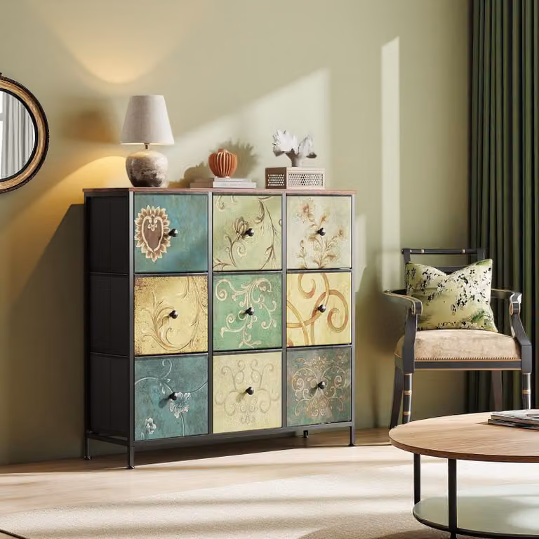 Comodino INONEFT con 9 cassetti, mobile contenitore retrò con piano in legno, cassetti in tessuto e struttura in metallo, adatto per camera da letto o soggiorno, dimensioni 30x87x100 cm