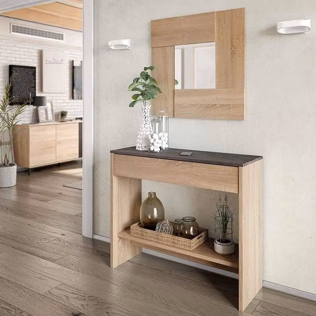 Mobile da ingresso Alwin DMORA con specchio, Marrone Rovere, L: 92 cm, P: 33 cm, H: 79 cm