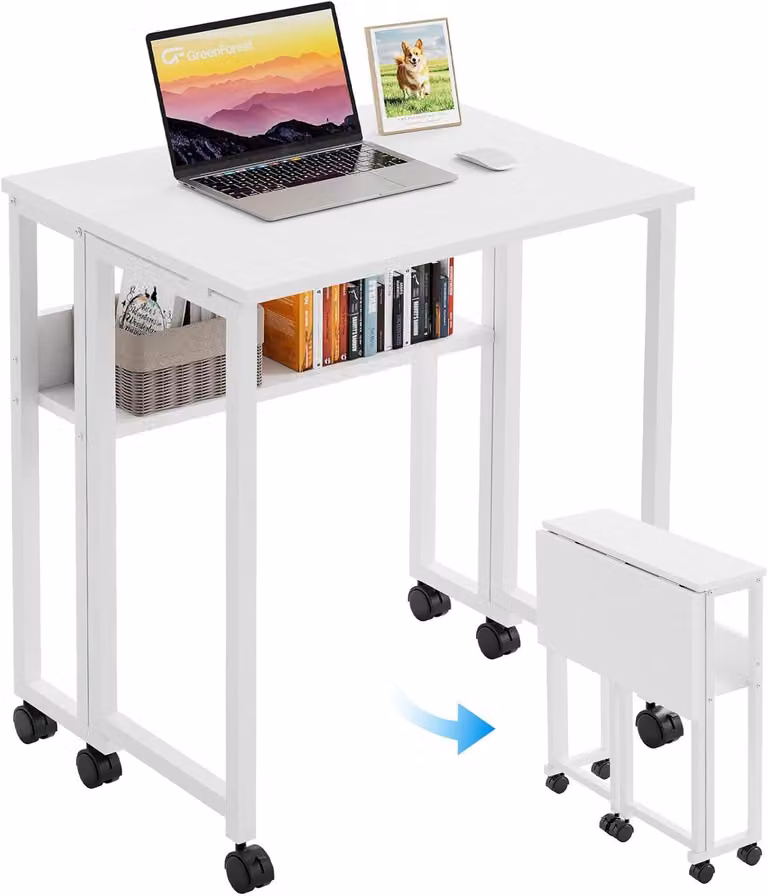 Scrivania pieghevole compatta con ruote, 80 x 50 cm, scrivania portatile pieghevole, tavolo scrivania pieghevole con spazio contenitivo