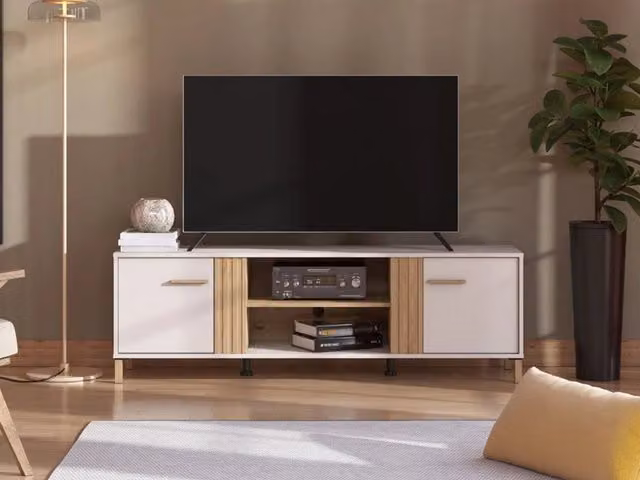 Mobile porta TV Lauco DMORA in legno beige con un ripiano, L: 164 cm, P: 40 cm, H: 52 cm