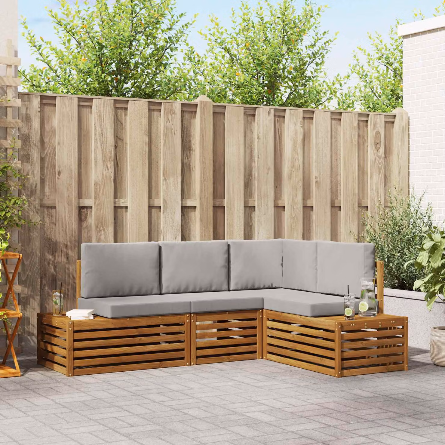 Set di divani da esterno vidaXL a forma di L in legno di acacia con cuscini grigi per giardino e terrazza