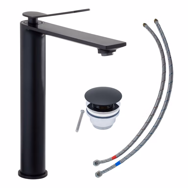 Rubinetto per lavabo SCHÖNER WOHNEN collezione VIOLA L, nero opaco, rubinetto adatto ai lavabi da appoggio del bagno