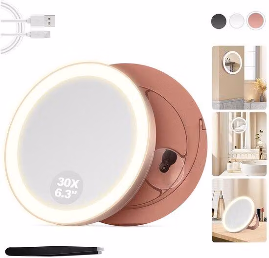 Specchio da parete ingranditore, 30x, con regolazione dell'intensità luminosa, rosa, per il trucco, bagno