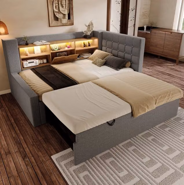 Letto 90x200 cm grigio in lino e metallo, estraibile con vano portaoggetti e LED