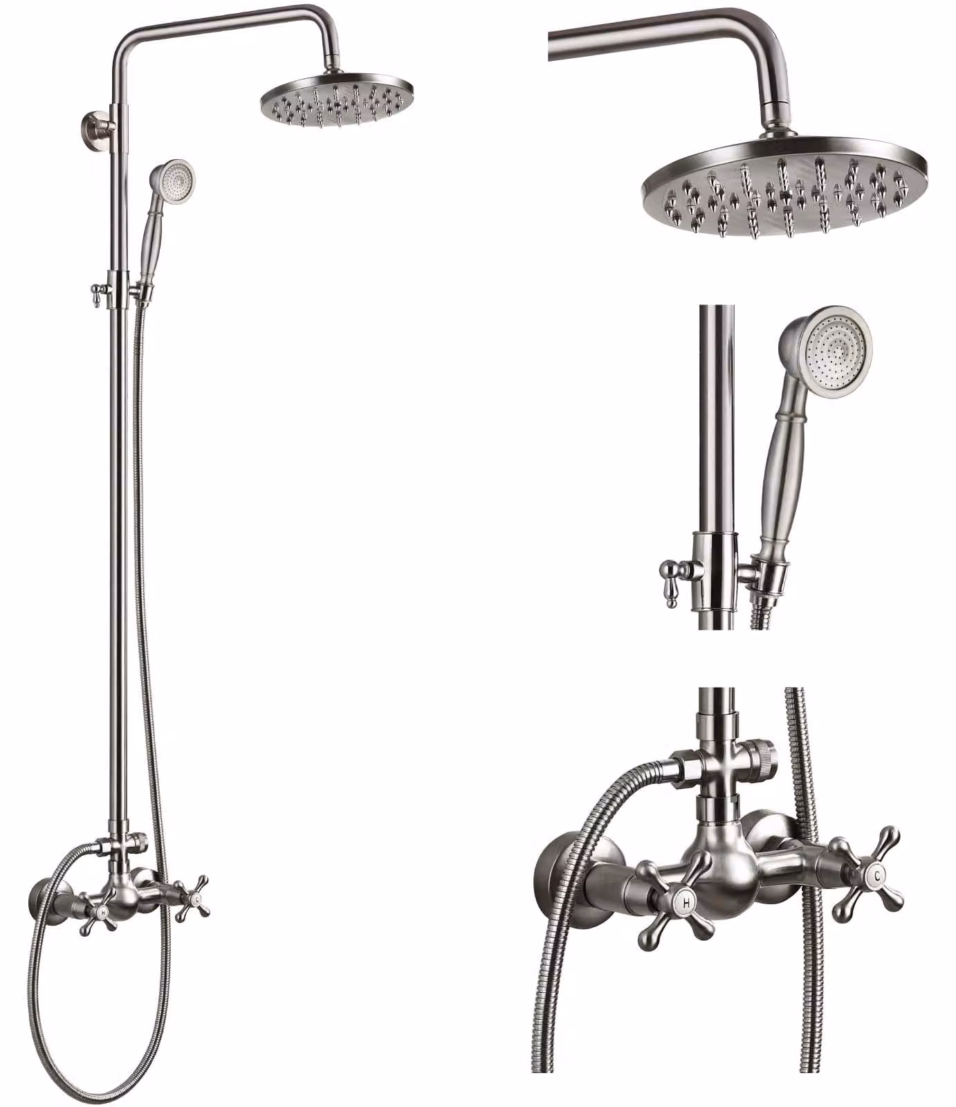 Set doccia a pioggia da 8 pollici, soffione e doccetta manuale, montaggio a parete, 2 funzioni, finitura nickel