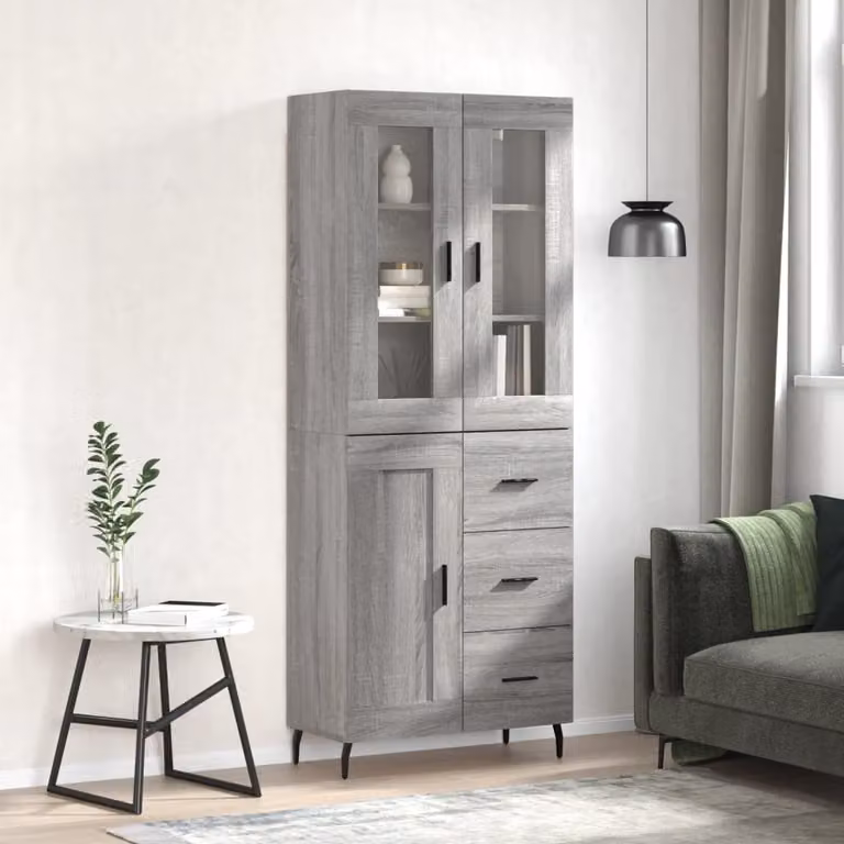 Credenza moderna vidaXL in legno e metallo, Grigio, L: 69,5 cm, P: 34 cm, H: 180 cm