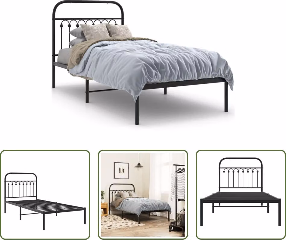 The Living Store Struttura letto con testiera in metallo nero 90x200 cm