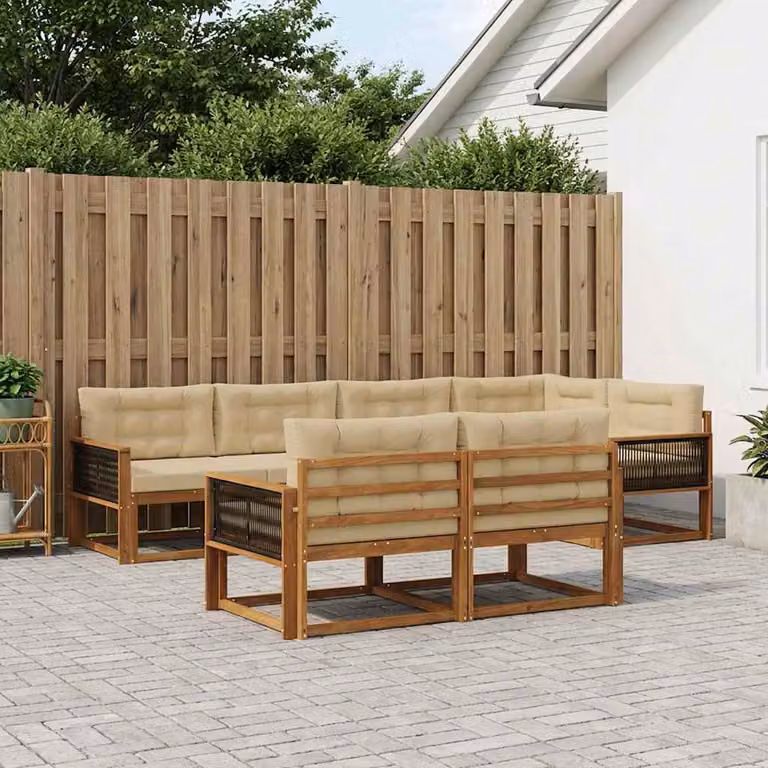 Set di divani da esterno vidaXL a forma di U in legno di acacia con cuscini, 8 pezzi, Beige e Marrone