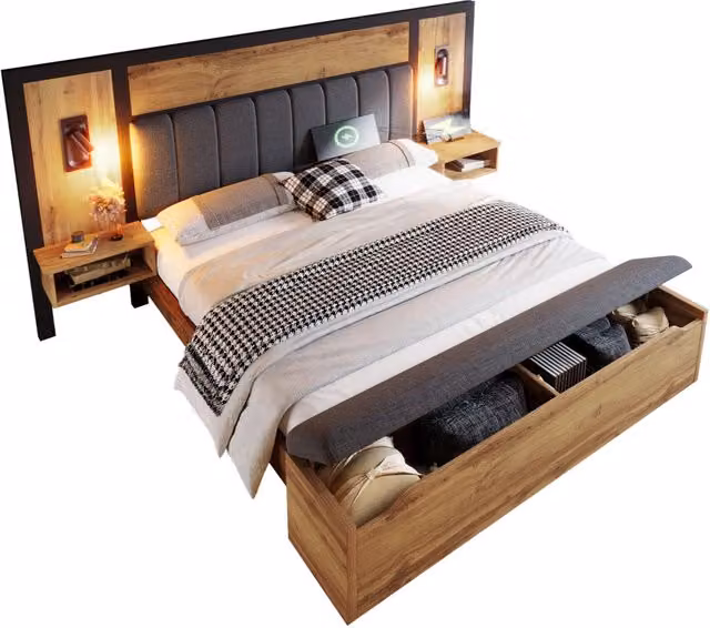 Letto matrimoniale 160x200 cm con panchetta contenitore; luci LED e USB-C; rovere