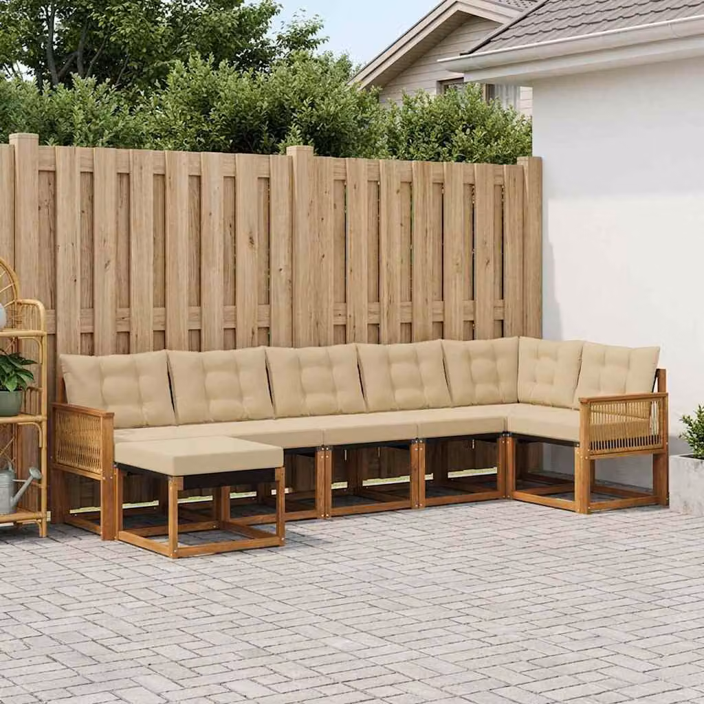 vidaXL Set di divani da esterno a L composto da 7 pezzi in legno di acacia e tessuto beige e marrone