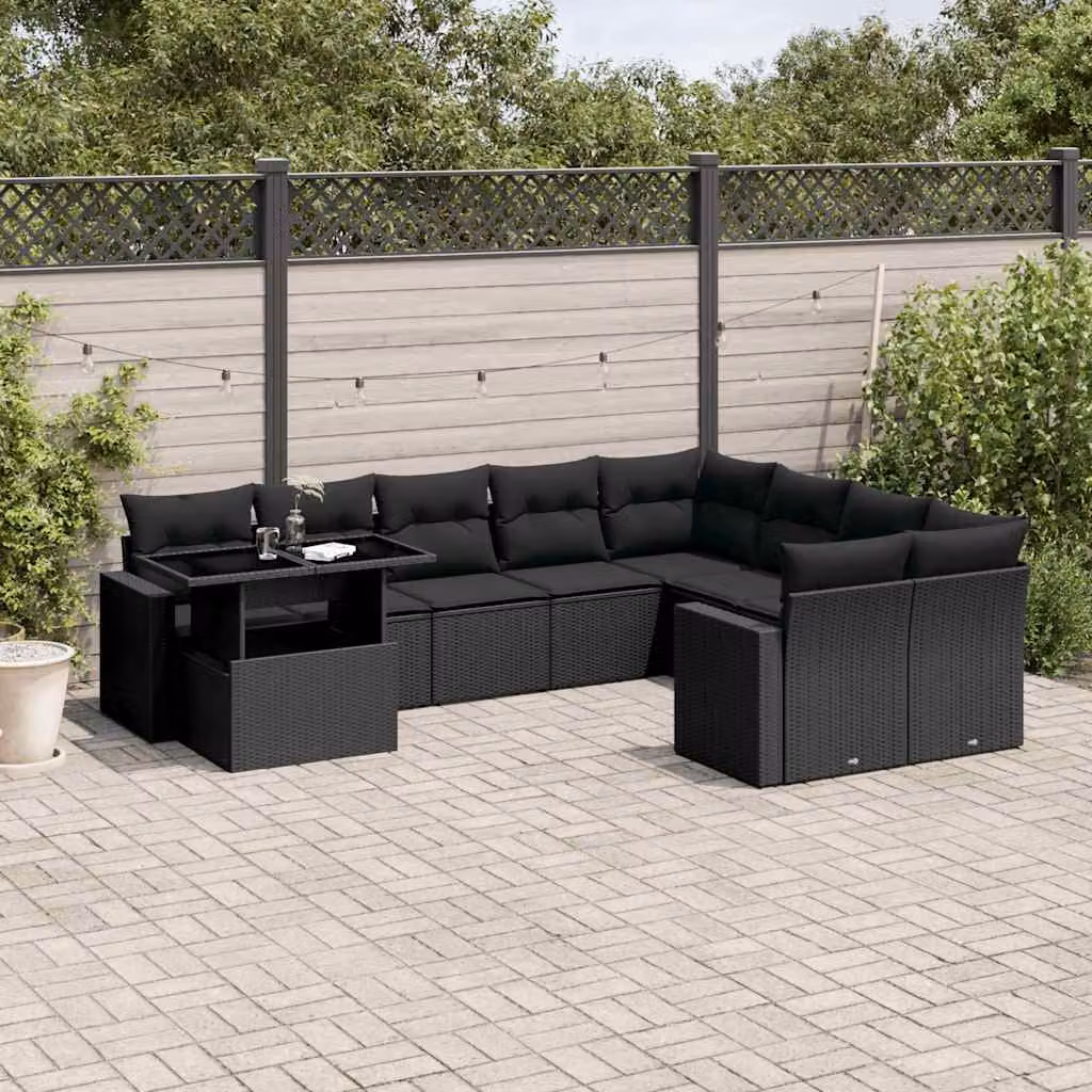 vidaXL Set Divani da Giardino a L in Polyrattan Nero con Cuscini e Tavolino da Esterno – 1