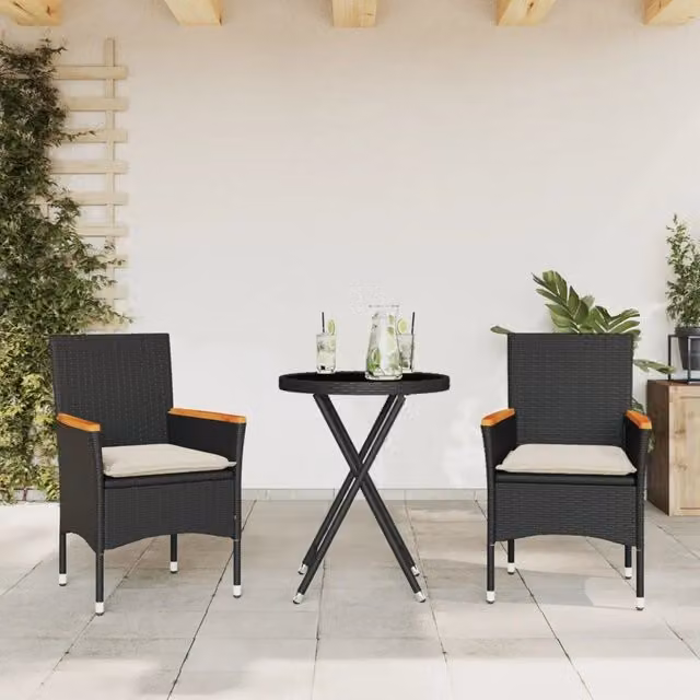 Set da Bistrò 3 pz con Cuscini Nero Polyrattan e Vetro 3278753