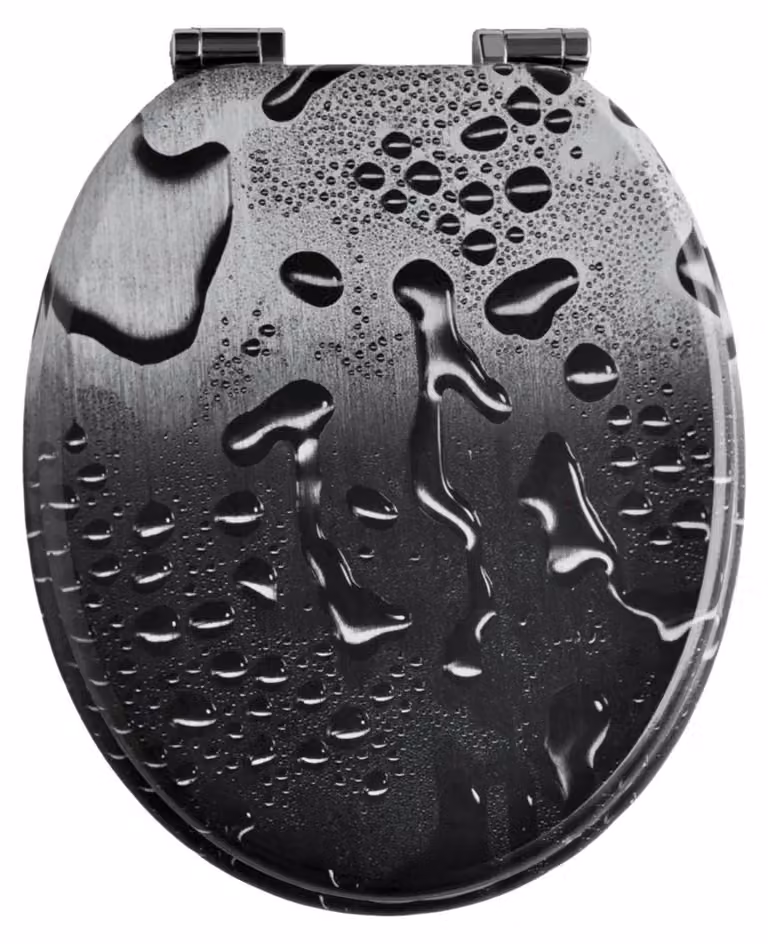 Copriwater - Sedile in legno a forma di "O" - Sistema di abbattimento automatico - Parte anteriore chiusa - Capacità di carico fino a 190 kg - Motivo a gocce nere