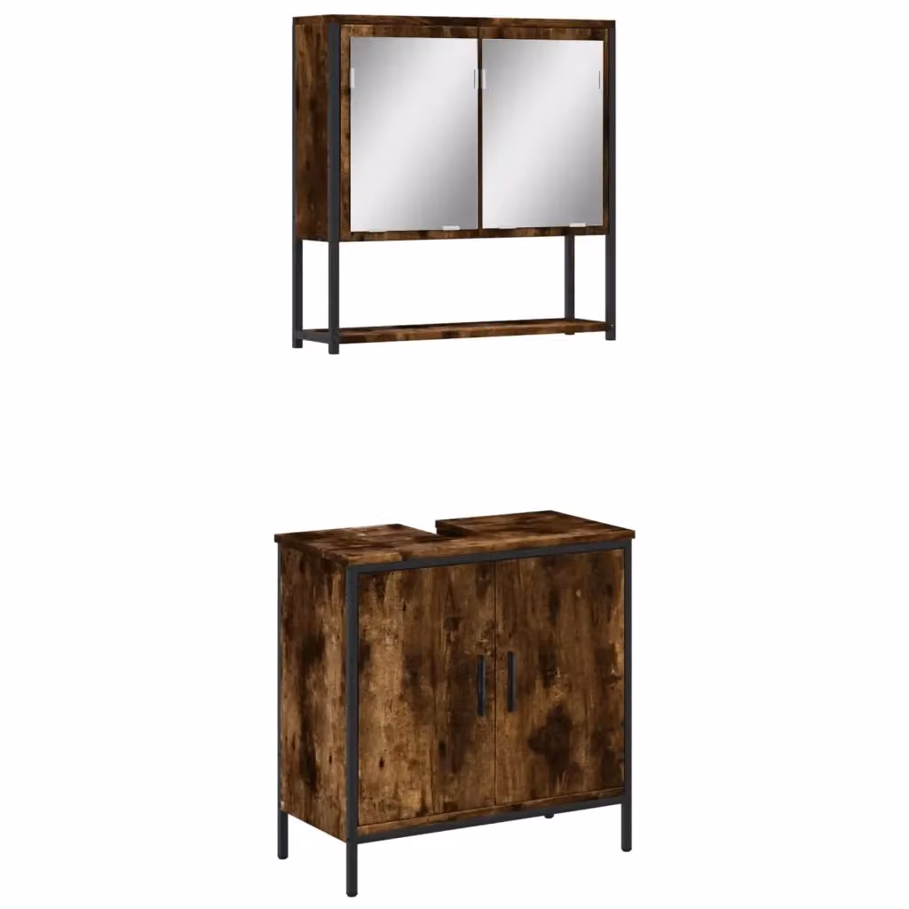 Set Mobili da Bagno vidaXL in Legno e Metallo Marrone con Mobile Lavabo e Armadietto Specchio in Stile Industriale – 2