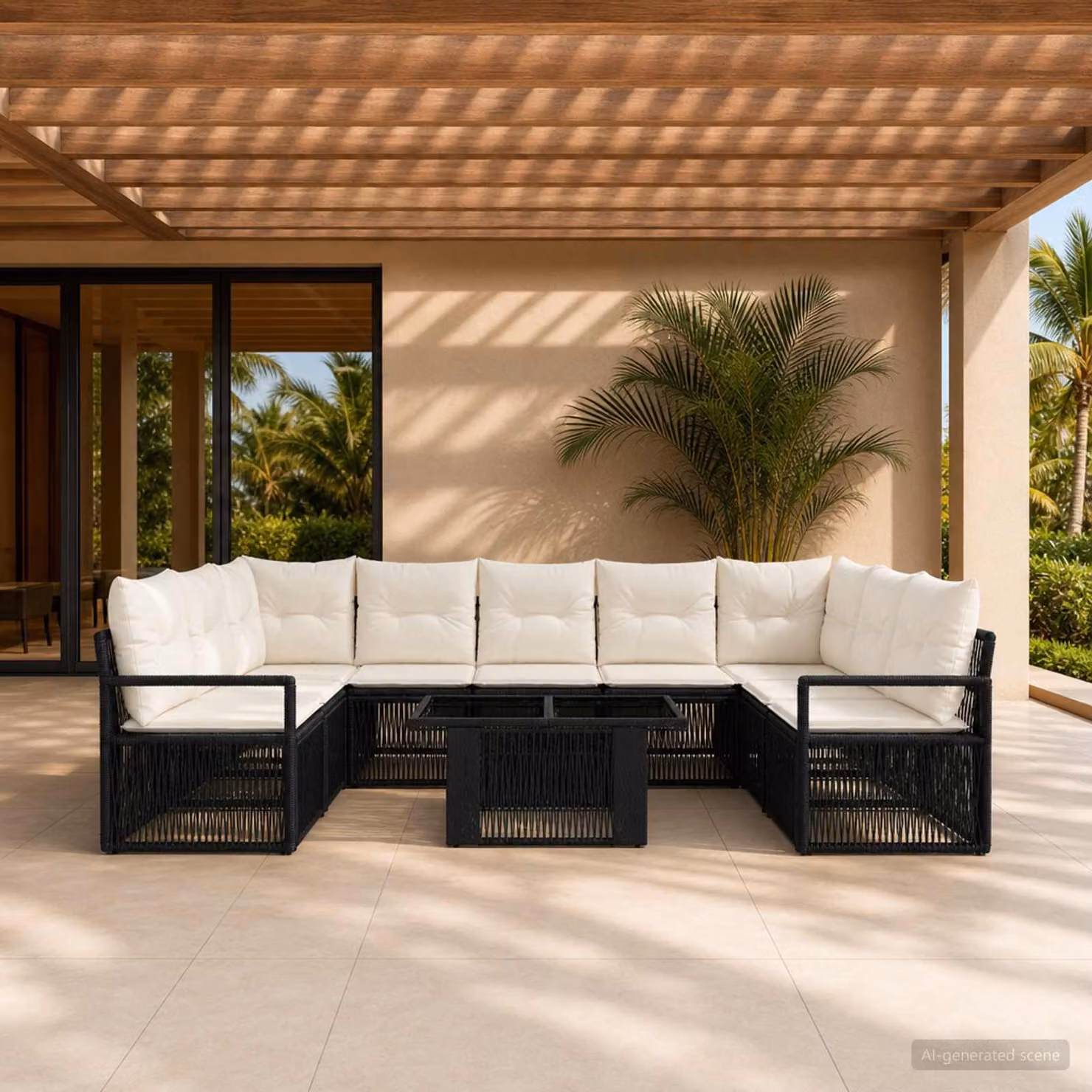 Set Divano da Giardino vidaXL 10 Pezzi in Polyrattan Nero e Bianco Crema con Cuscini e Tavolino