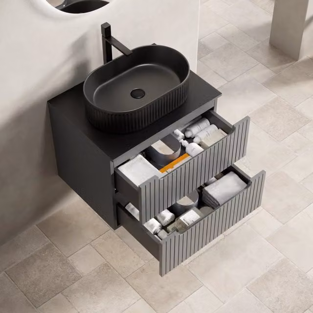 Mobile sottolavabo sospeso con lavabo e 2 cassetti in ceramica e pietra sinterizzata grigio scuro 60 × 46 × 62,2 cm