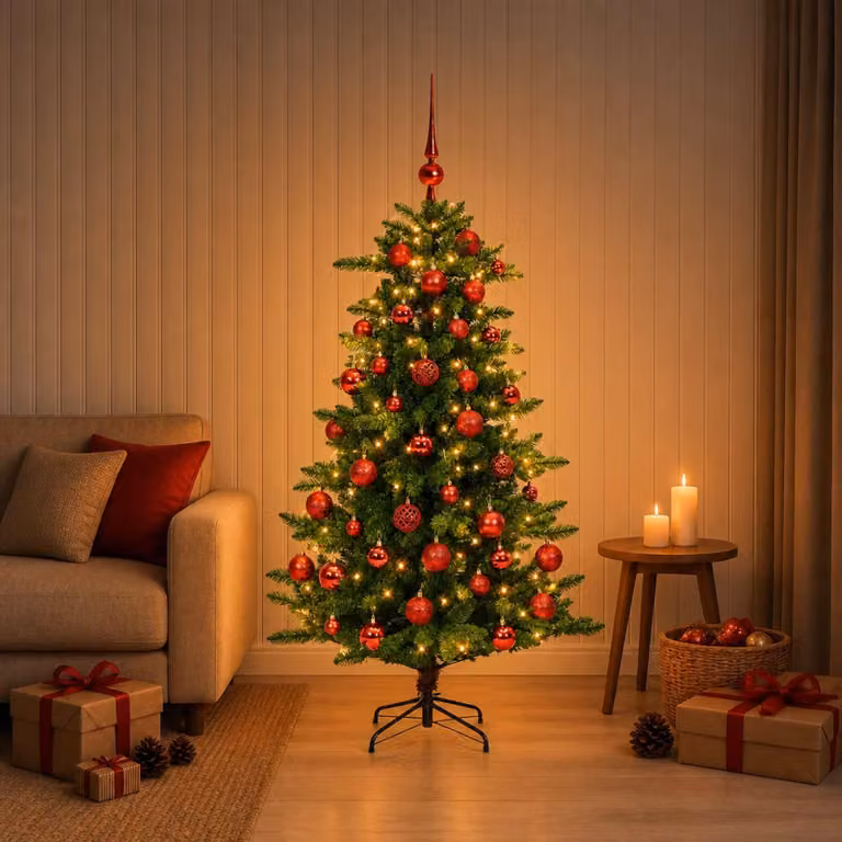 Albero di Natale artificiale con decorazioni a sfera, altezza 120 cm, 150 luci LED