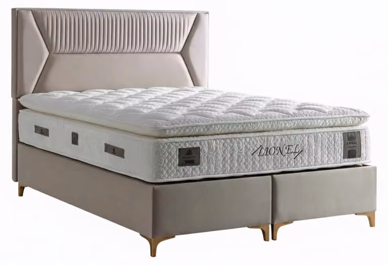 Letto con materasso in stile moderno, rivestimento in tessuto beige, con contenitore