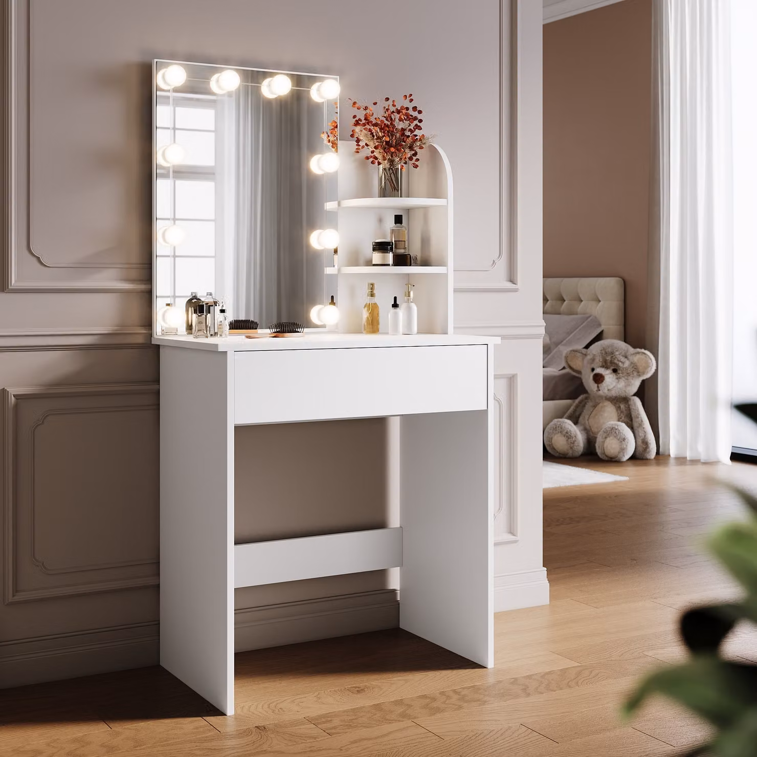 SONNI tavolo da toilette compatto bianco con lampade e specchio, con cassettiera, oscurabile, 70x40x140 centimetri.