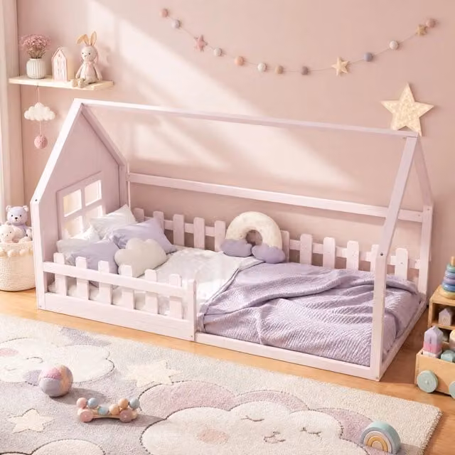 Letto per bambini a forma di casa 90 x 200 cm in pino rosa