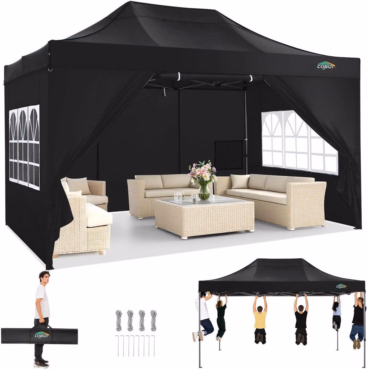 Gazebo da esterno 3x4,5 metri, impermeabile, con protezione UV 50+ e 4 pannelli laterali, colore nero