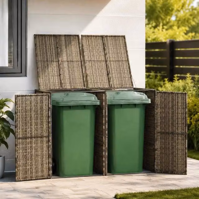 Bin Storage Unit For 2 Bins, Grey, 140x80x117 Cm, Poly Rattan