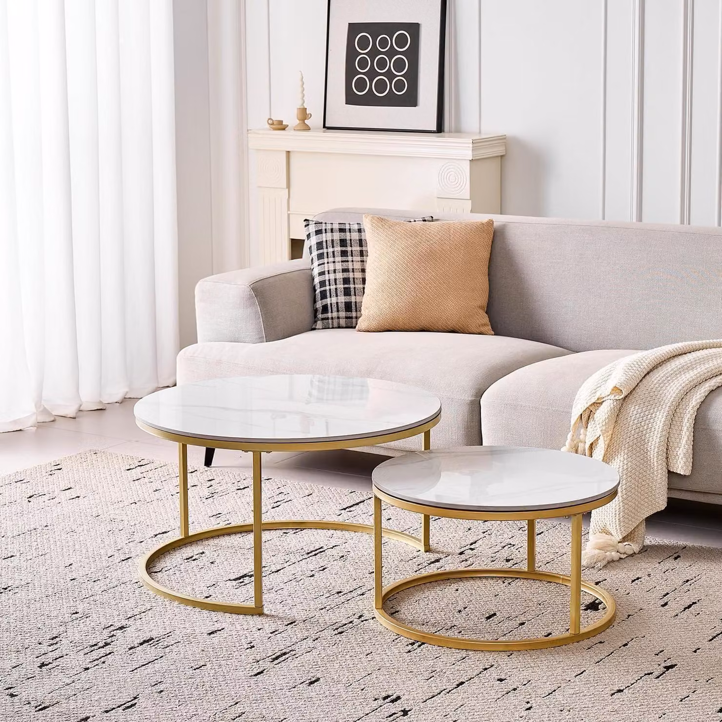 Set di tavolini da divano, forma rotonda, 2 pezzi, piano in Vetroceramica, bianco e oro, dimensioni 50 cm e 70 cm