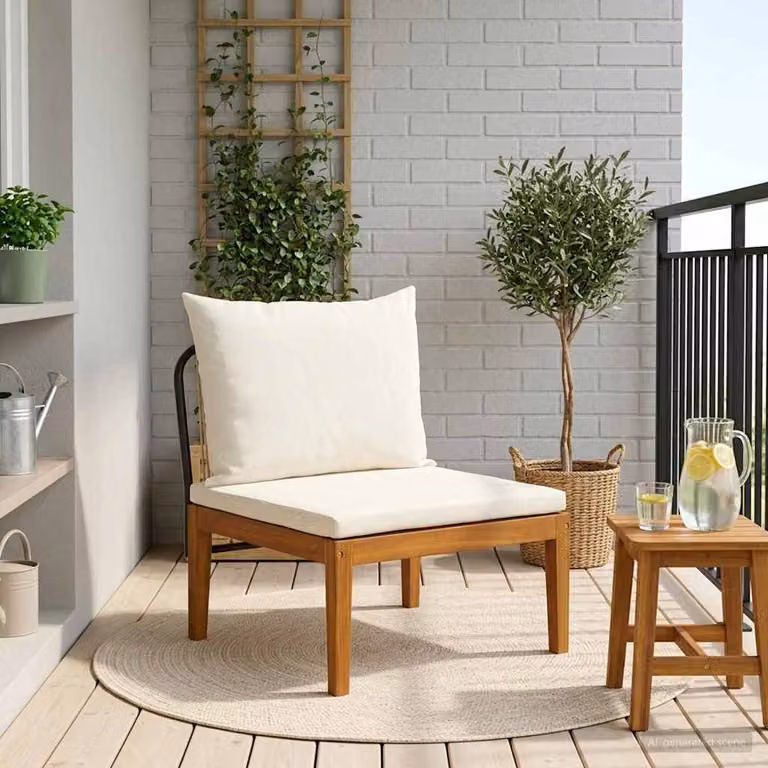 Divano centrale da giardino moderno vidaXL in legno di acacia non trattato con cuscini beige e marroni
