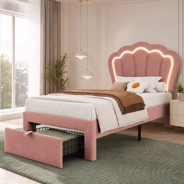 Letto singolo imbottito 90 × 200 cm con LED RGB e cassetto in velluto rosa testiera regolabile