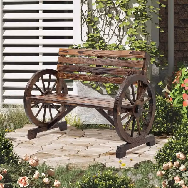 Panca da giardino a 2 posti MODFU in legno di abete marrone con braccioli, stile rustico, L: 105,5 cm, P: 56 cm, H: 79 cm – 1