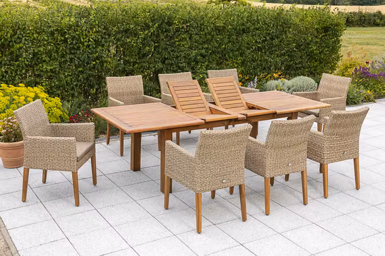 Set di mobili da giardino Merxx "Ranzano" 9 pezzi - struttura in alluminio con intreccio in plastica di canne/bianco e acacia, incl. cuscini - 50446-259