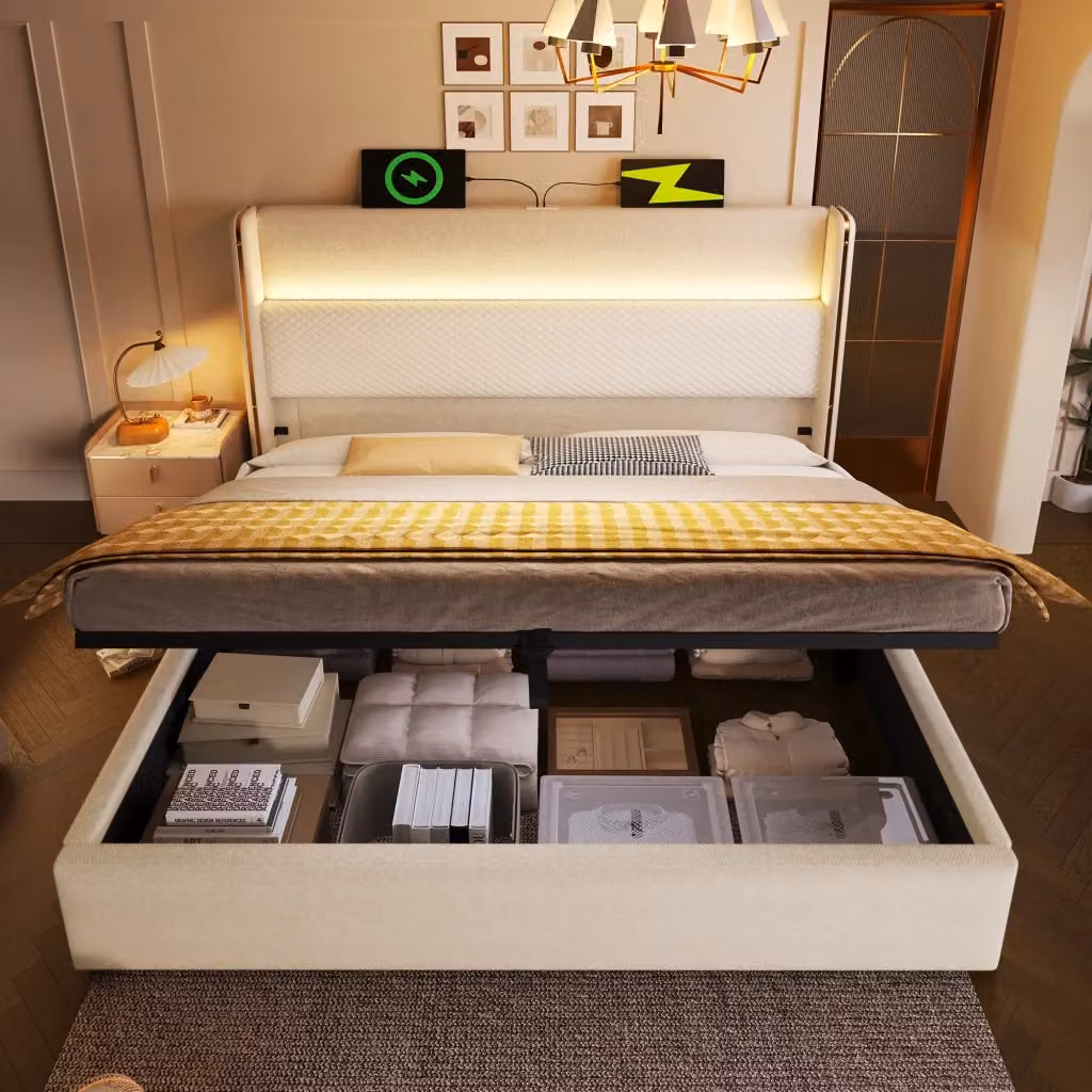 Letto contenitore Mivray con testiera alta in lino beige, illuminazione LED sottostante e porte di ricarica USB e Type-C, L/P: 180 x 200 cm – 2