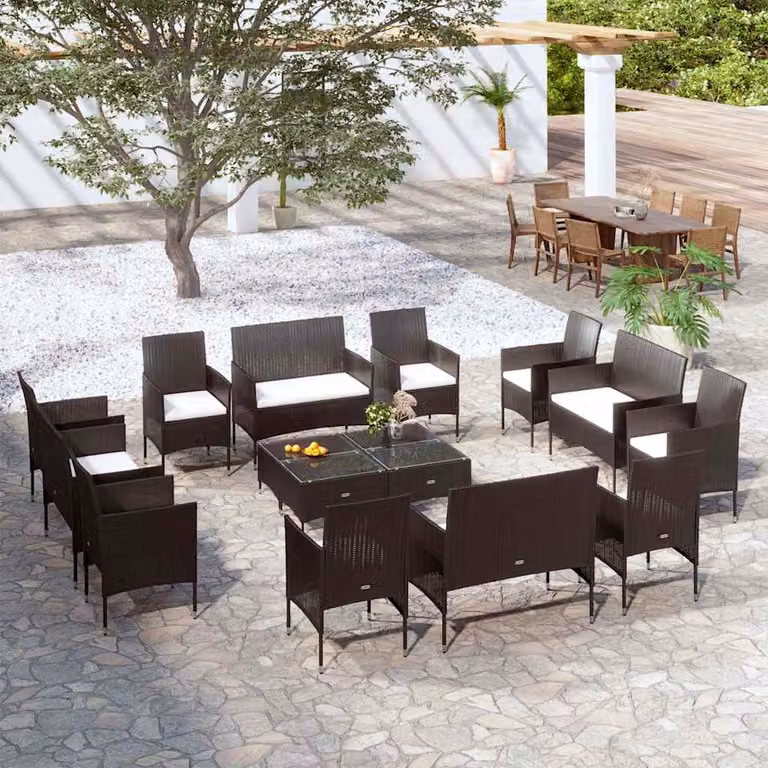 Set da giardino vidaXL composto da 16 pezzi con cuscini, struttura in metallo e rattan, colore nero e bianco, design moderno a forma di U per esterno
