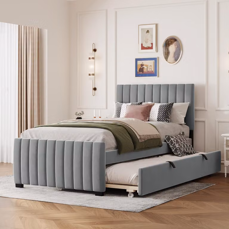 Letto imbottito Merax 90x190 cm con letto estraibile, letto per bambini e ragazzi con testiera a righe, letto singolo per ospiti in velluto e legno, grigio