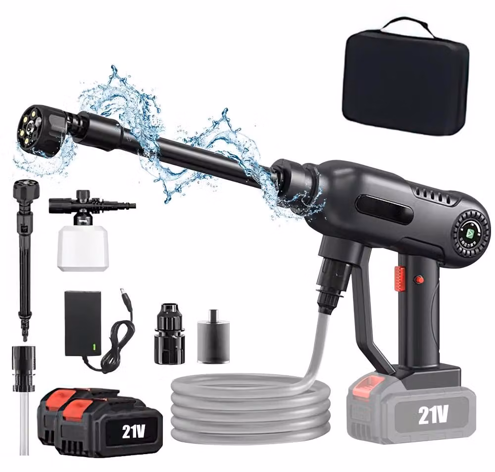 Idropulitrice a batteria - Pistola di pulizia senza spazzole - 21 V - 2 batterie - 140–220 W - 22.000–29.000 giri/min - Tubo flessibile per l'acqua da 5–10 metri