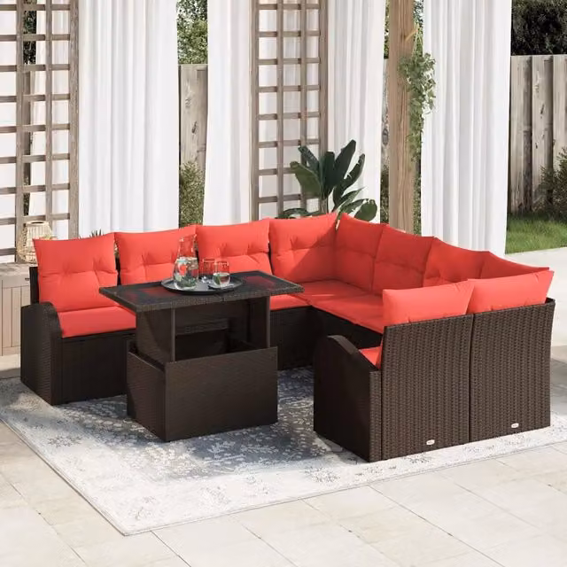 Set Divano da Giardino 9 pz Marrone Rattan in Polipropilene 3357357